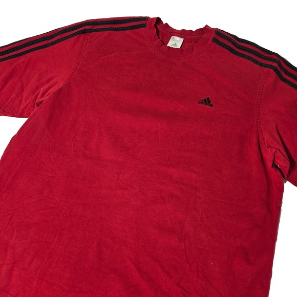 Vintage Y2K Adidas Shirt Mens‎ Large Red Short Sleeve Striped Cotton Heavy - Picture 1 of 8